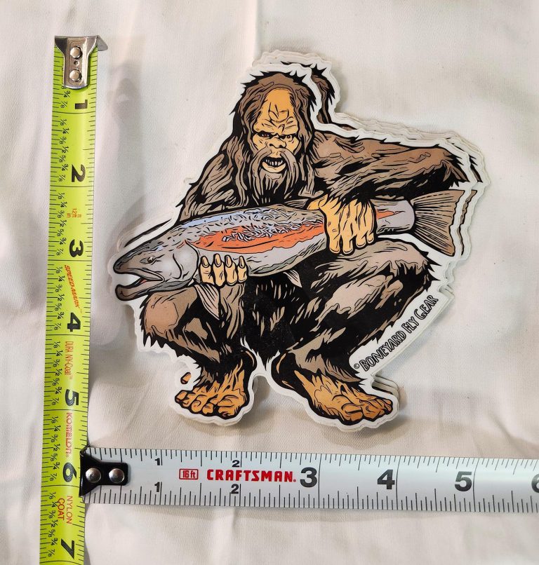 BoneYard Fly Gear Sasquatch Holding Rainbow Trout Sticker Stealth Craft Boats