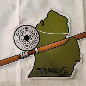 BoneYard Fly Gear - Michigan Holding a Fishing Pole - Sticker