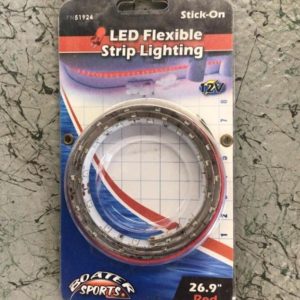 Packaging for LED flexible strip lighting with a circular coil; label reads 'LED Flexible Strip Lighting' and 'Stick-On' (12V) and 'Red' at the bottom right, 26.9" length