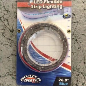 Package for LED flexible strip lighting with a circular reel of LEDs on a blue and white display card, 26.9" blue version.