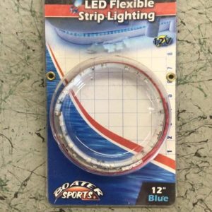 Package for 12-inch blue LED flexible strip lighting; circular LED ring on blue and white card with 'LED Flexible Strip Lighting' and '12" Blue' text.
